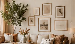 Neutral living room gallery wall with botanical prints in warm wooden frames
