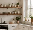 Open kitchen shelves with neutral pottery and everyday dishes